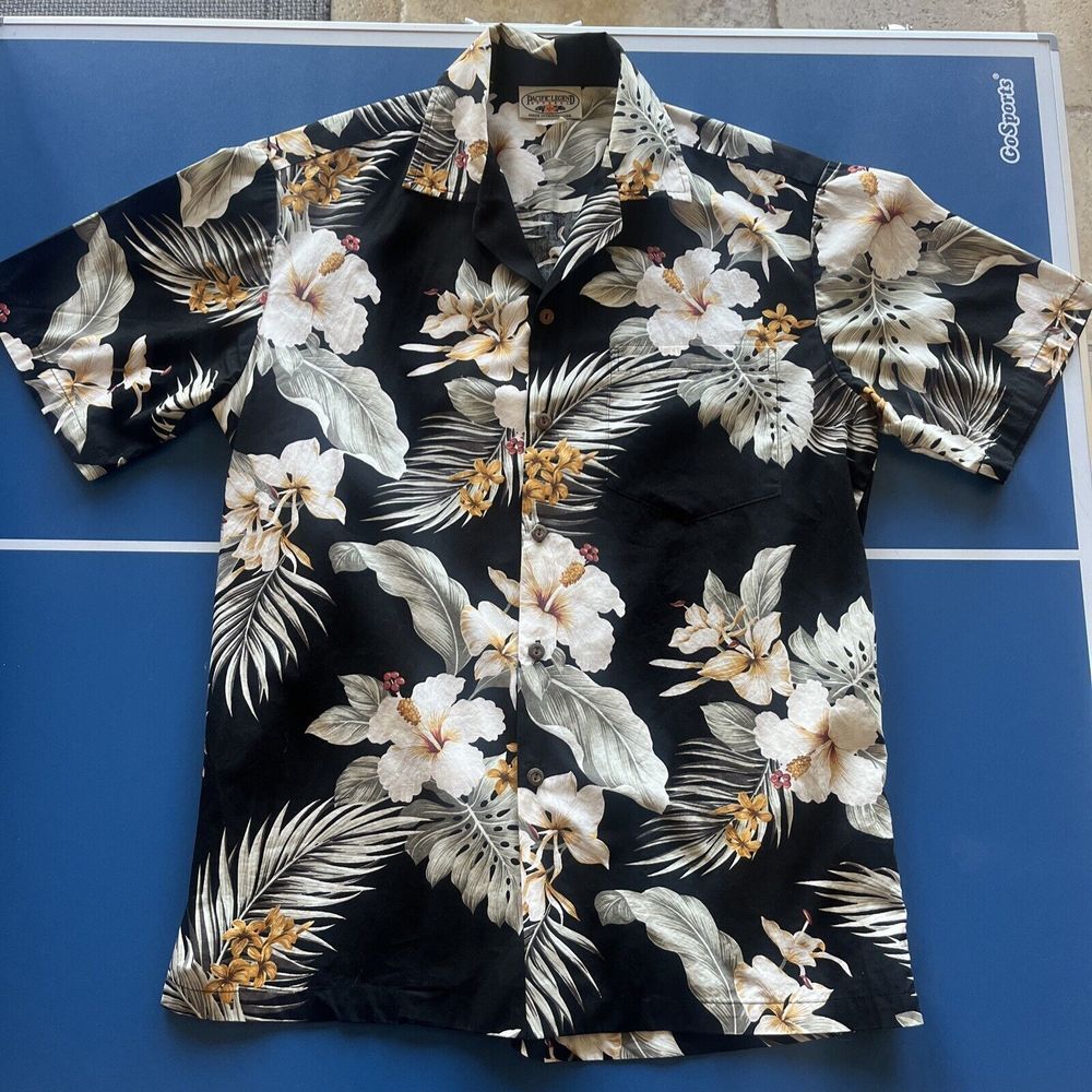 Pacific Legend Hawaiian Shirt Black Floral Made In‎ USA Sz Medium